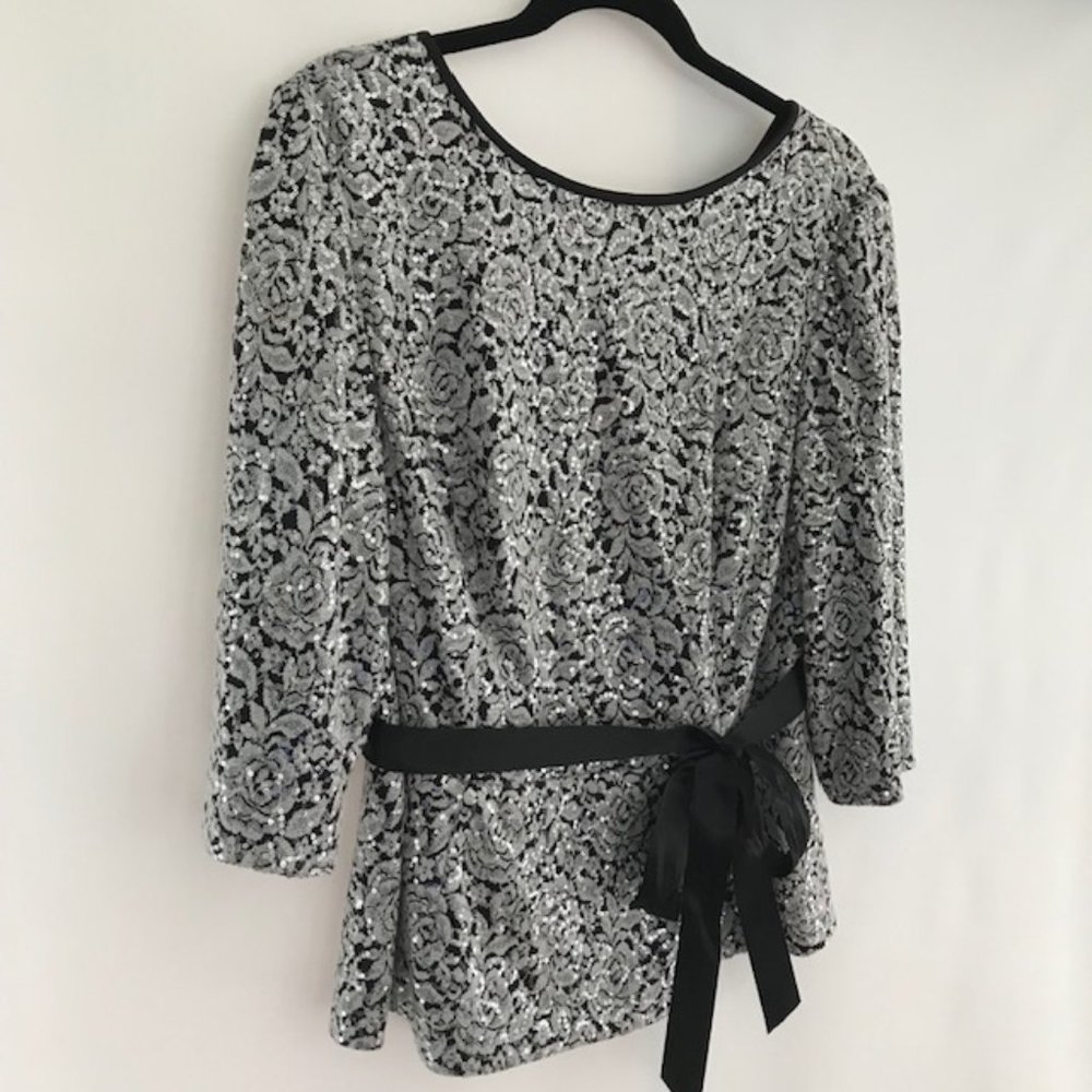 Alex Evenings Silver Sequined Black Top, Size 1X